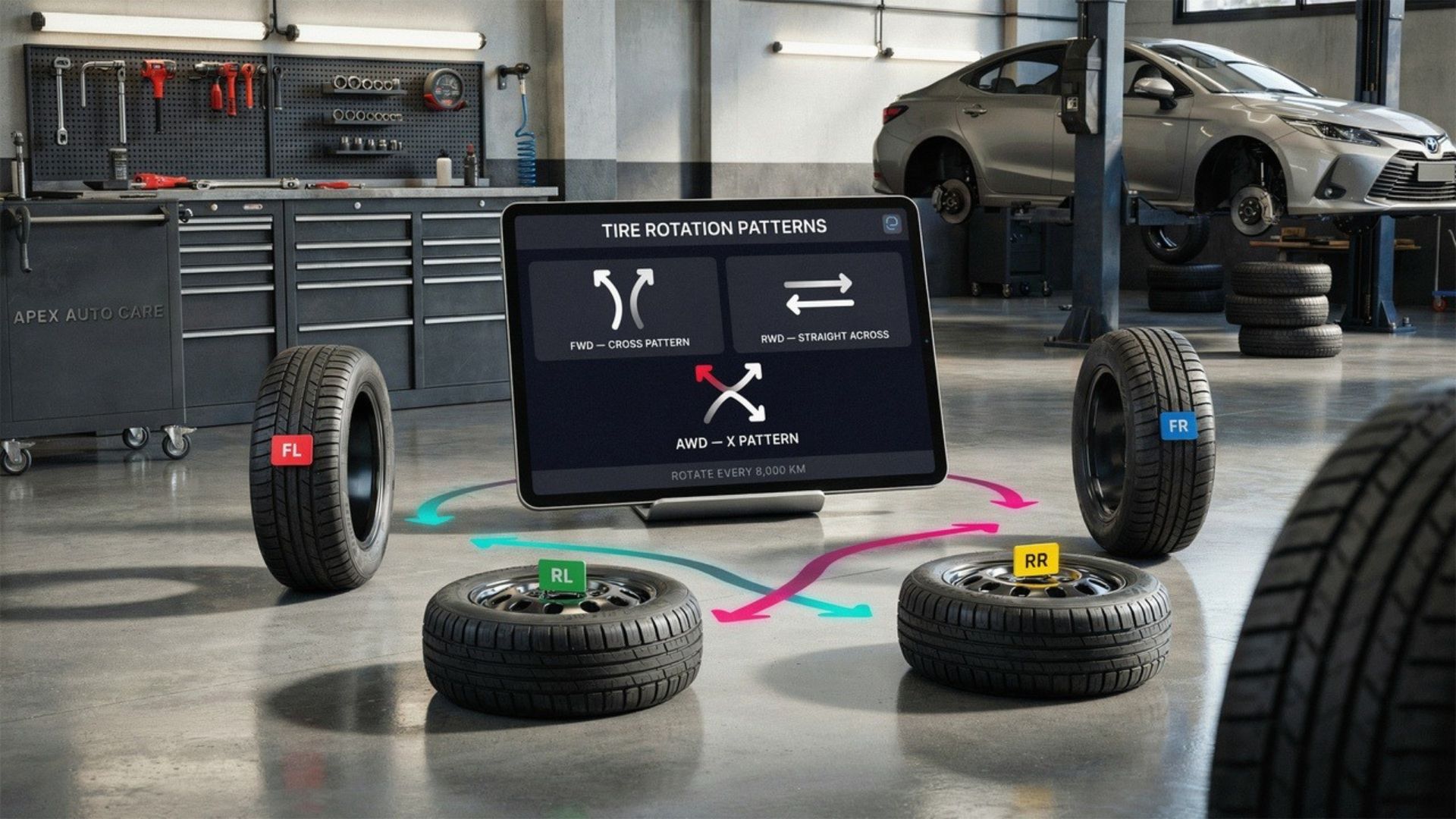 explaining tire rotation patterns with diagrams showing FWD, RWD, and AWD rotation layouts in a modern garage.