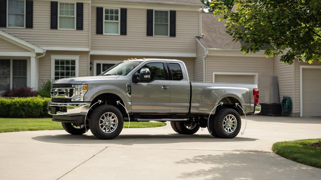 Dually truck showing the basic concept of six-tire rotation.