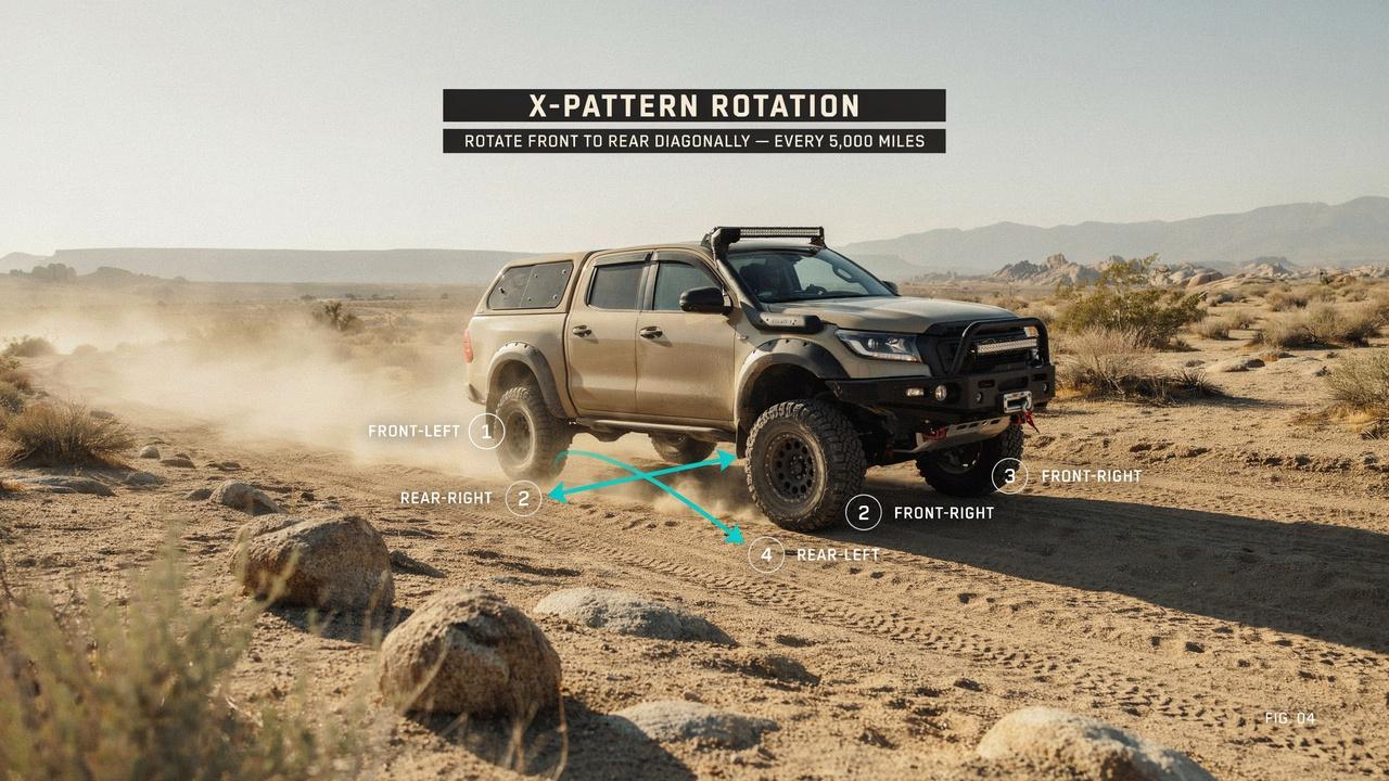 4WD and 4x4 tire rotation pattern illustrated on off-road truck.