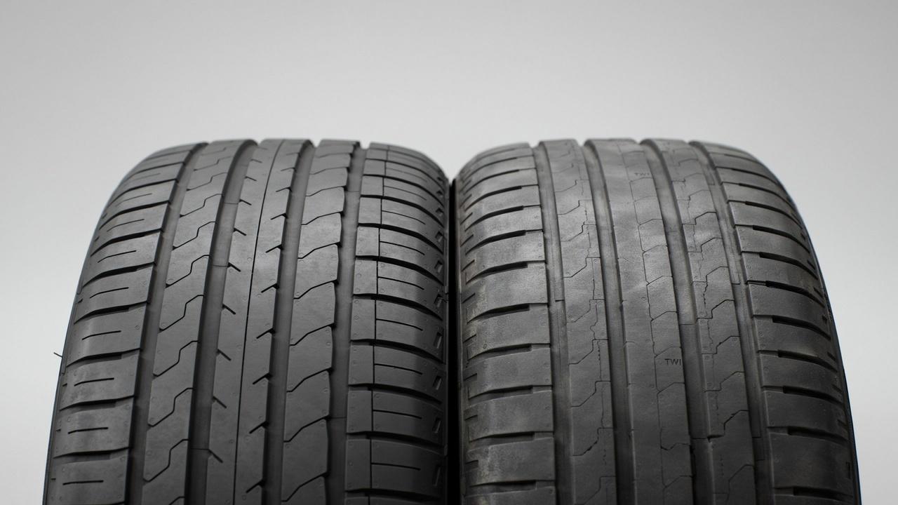 Close-up comparison of new and worn tire tread depth on a car tire.