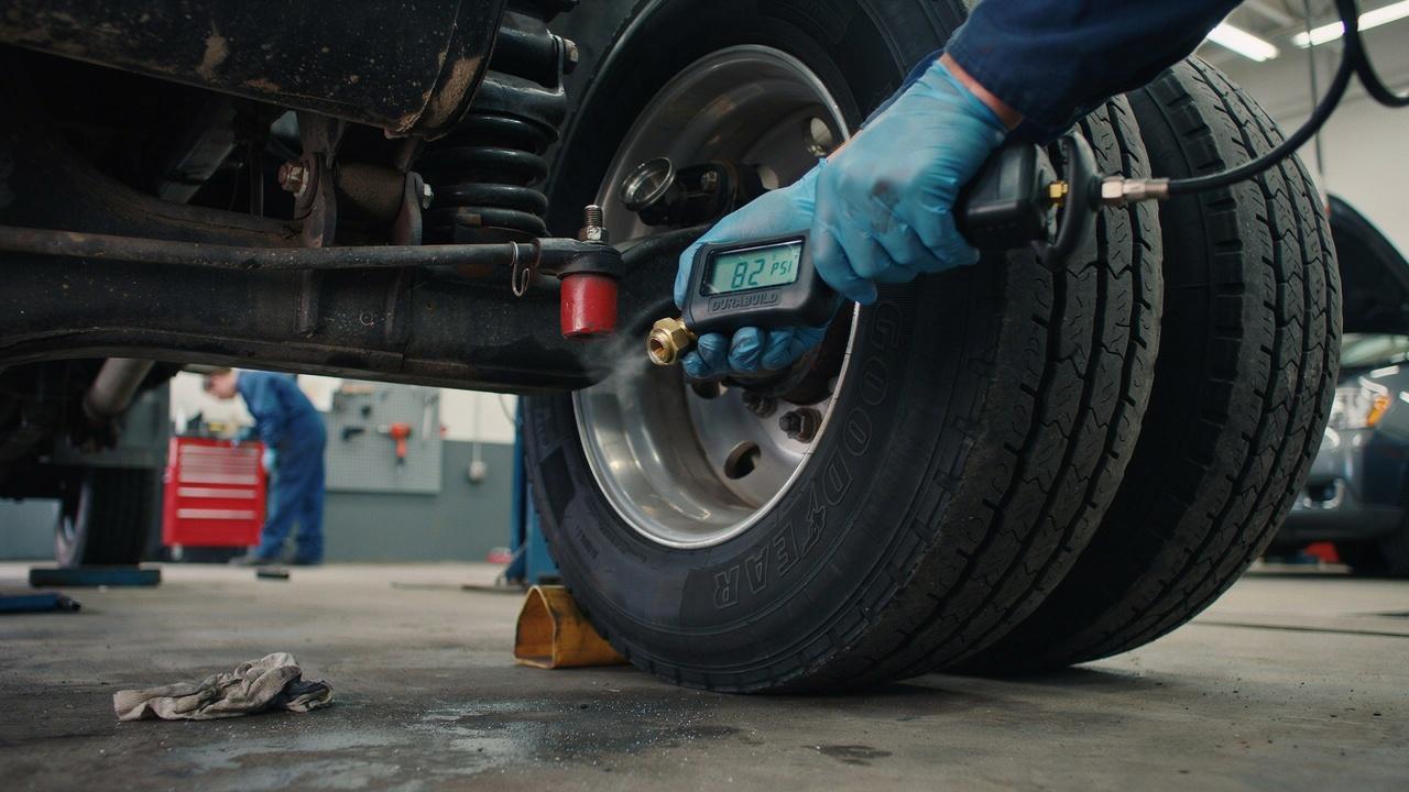 Checking air pressure on an inner rear dually tire with a tire gauge.