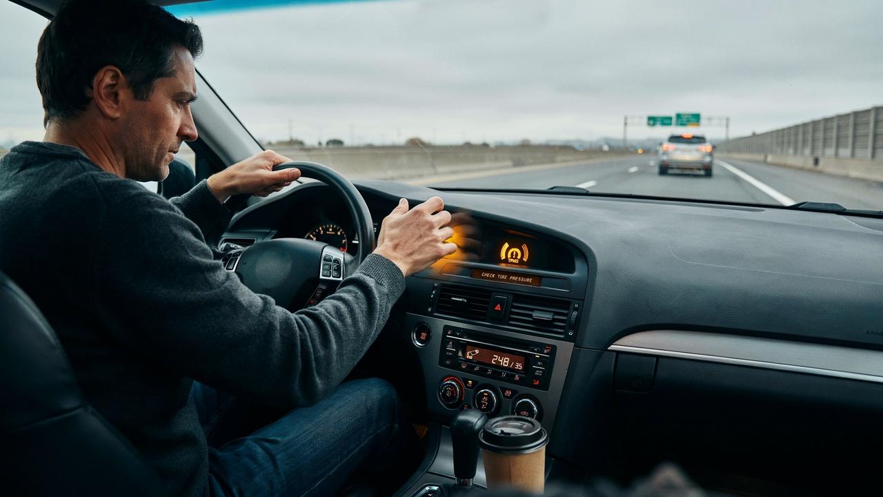 Driver stopping the car after seeing a flashing tire pressure warning light.