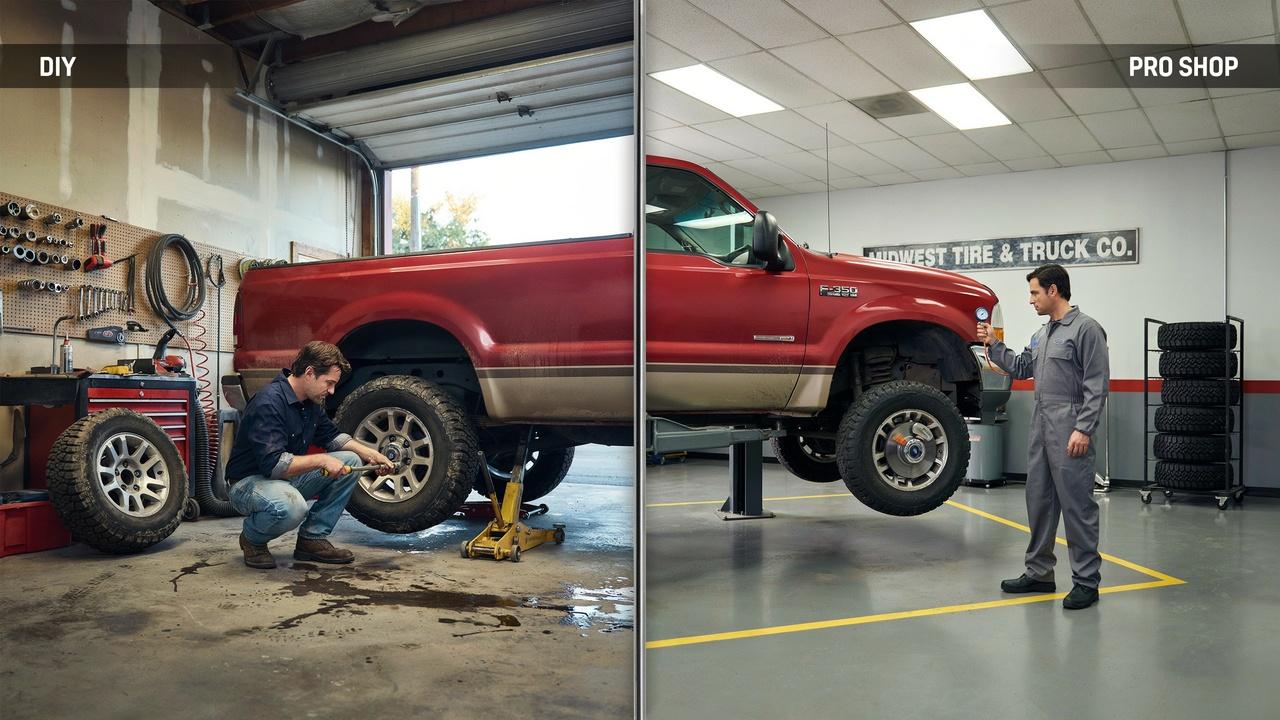 Comparison between DIY and professional dually tire rotation.