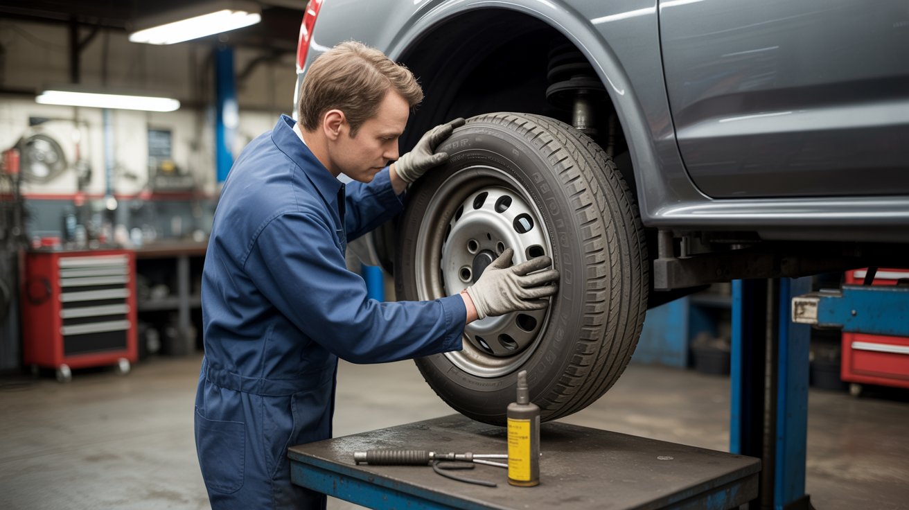 Mechanic checking for a tire bead leak around the wheel rim.