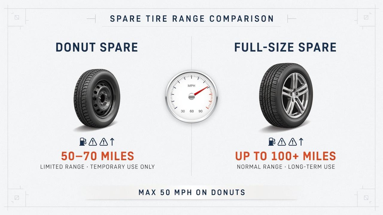 Infographic showing mileage limits for donut and full-size spare tires></p>
<p>A spare tire is a short-term fix, not a long-term solution.</p>
<p>If you have a compact spare (a donut), drive no more than 50 miles, and keep your speed under 50 mph.</p>
<p>These small spares wear out fast and can affect handling.</p>
<p>A full-size spare lasts longer, but you should still replace it within a few days.</p>
<p>Tire pressure, road conditions, and your car's weight all affect how safely you can drive on a spare.</p>
<p>Going too far can wear it down quickly and affect your braking and steering.</p>
<p>The safest move is to use the spare just to reach a repair shop, then get your tire fixed or replaced right away.</p>
<p>Check your owner's manual for exact limits, since they vary by car.</p>
<h2>How Long Can You Drive on Different Types of Spare Tires?</h2>
<p>Not all spare tires work the same way. Each type has its own limits on distance and time. Knowing these limits helps you avoid getting stranded or damaging your vehicle.</p>
<h3>Donut Spare Tire</h3>
<p><img decoding=