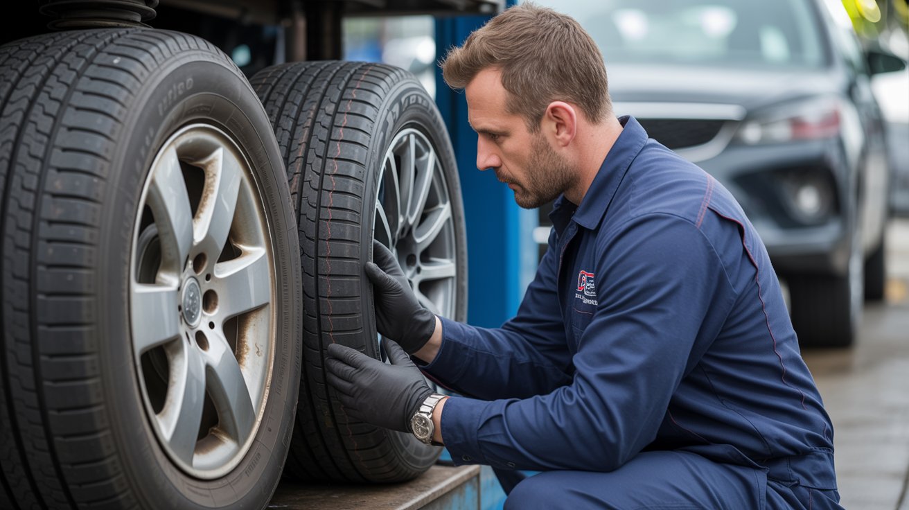 Mechanic checking a cracked tire to determine if replacement is needed.