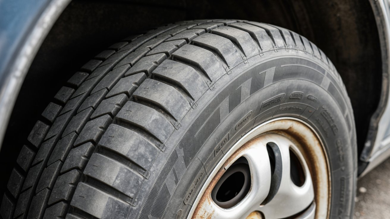 Aging tire with deteriorated rubber and signs of wear.