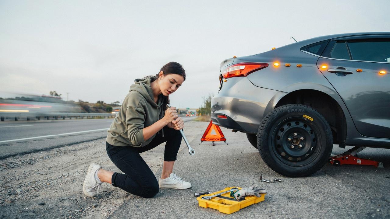 Beginner driver changing a flat car tire on the roadside with tools and spare tire visible.