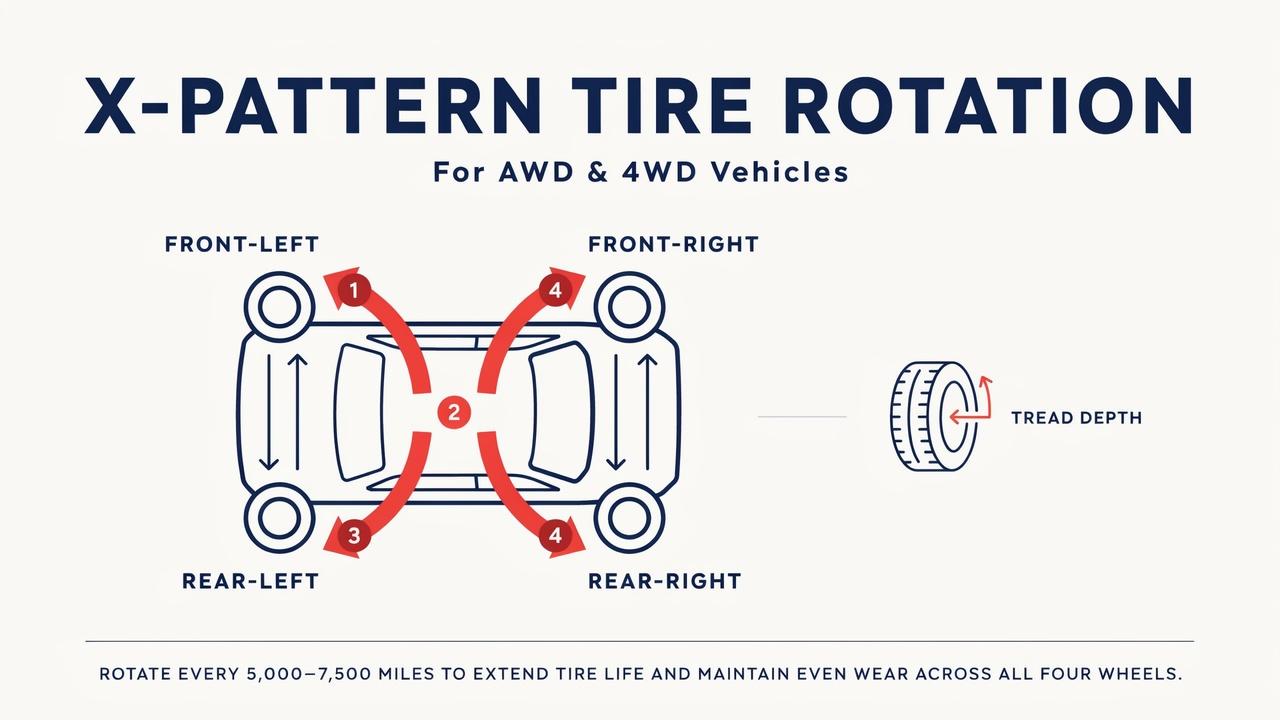 Chart explaining AWD and 4WD tire rotation X-pattern.