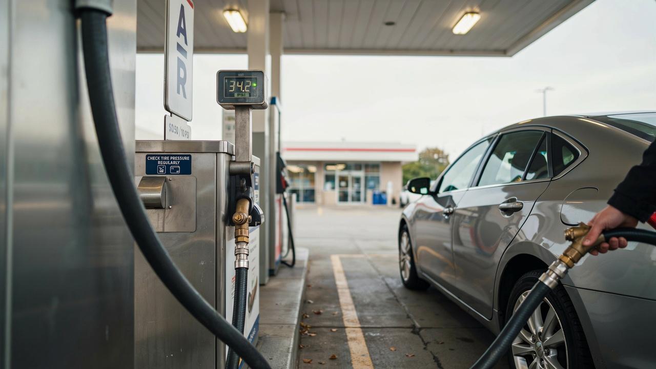 Driver putting air in a car tire at a gas station using an air pump.