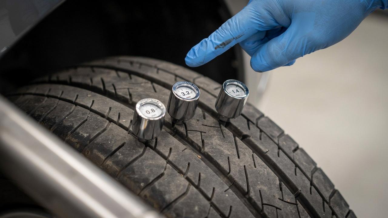 Checking tire tread depth at multiple points across the tire.