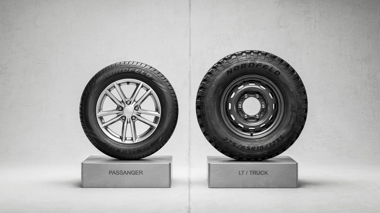 Passenger tire and LT tire displayed for side-by-side comparison.