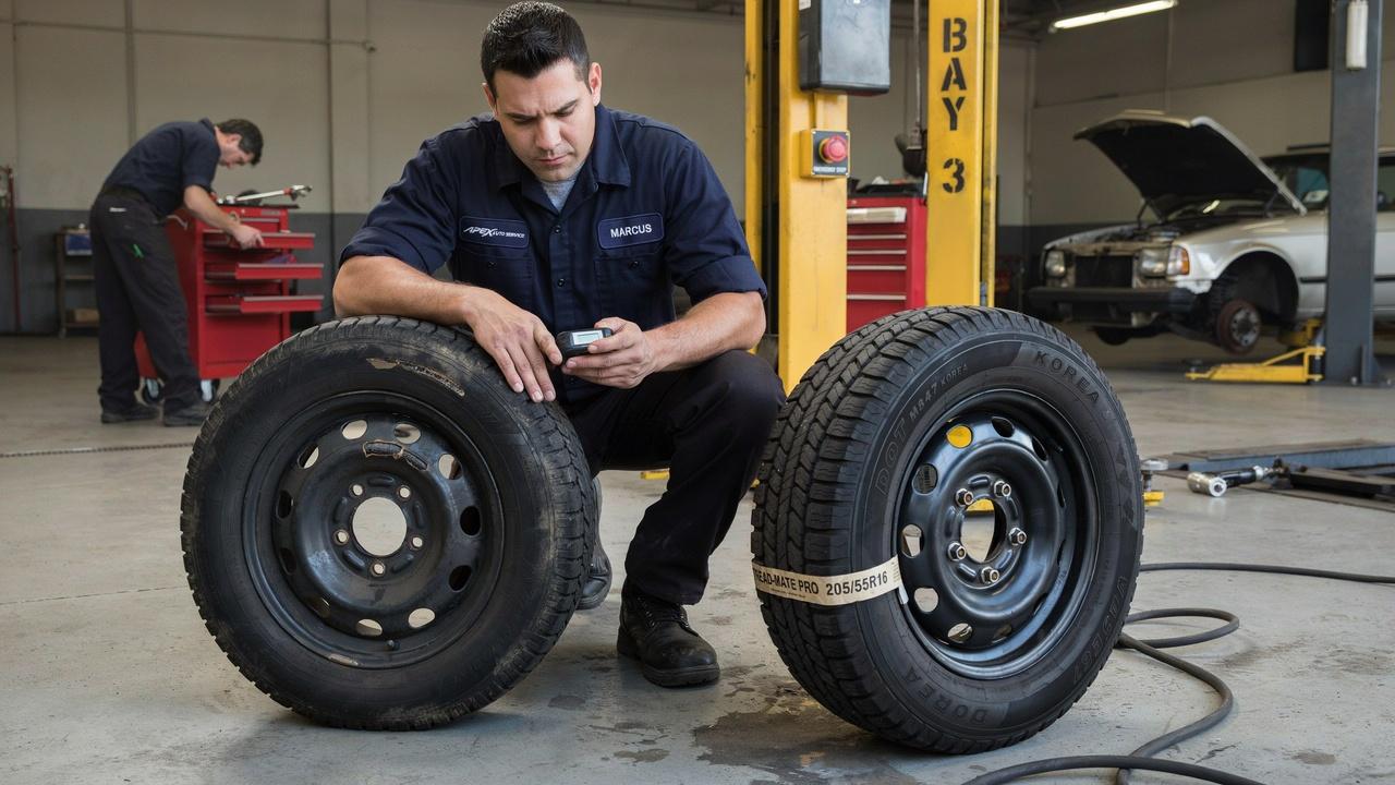 Worn tire next to a new tire ready for replacement.