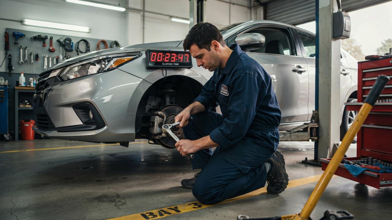 Mechanic changing a tire with a stopwatch showing the average tire replacement time.