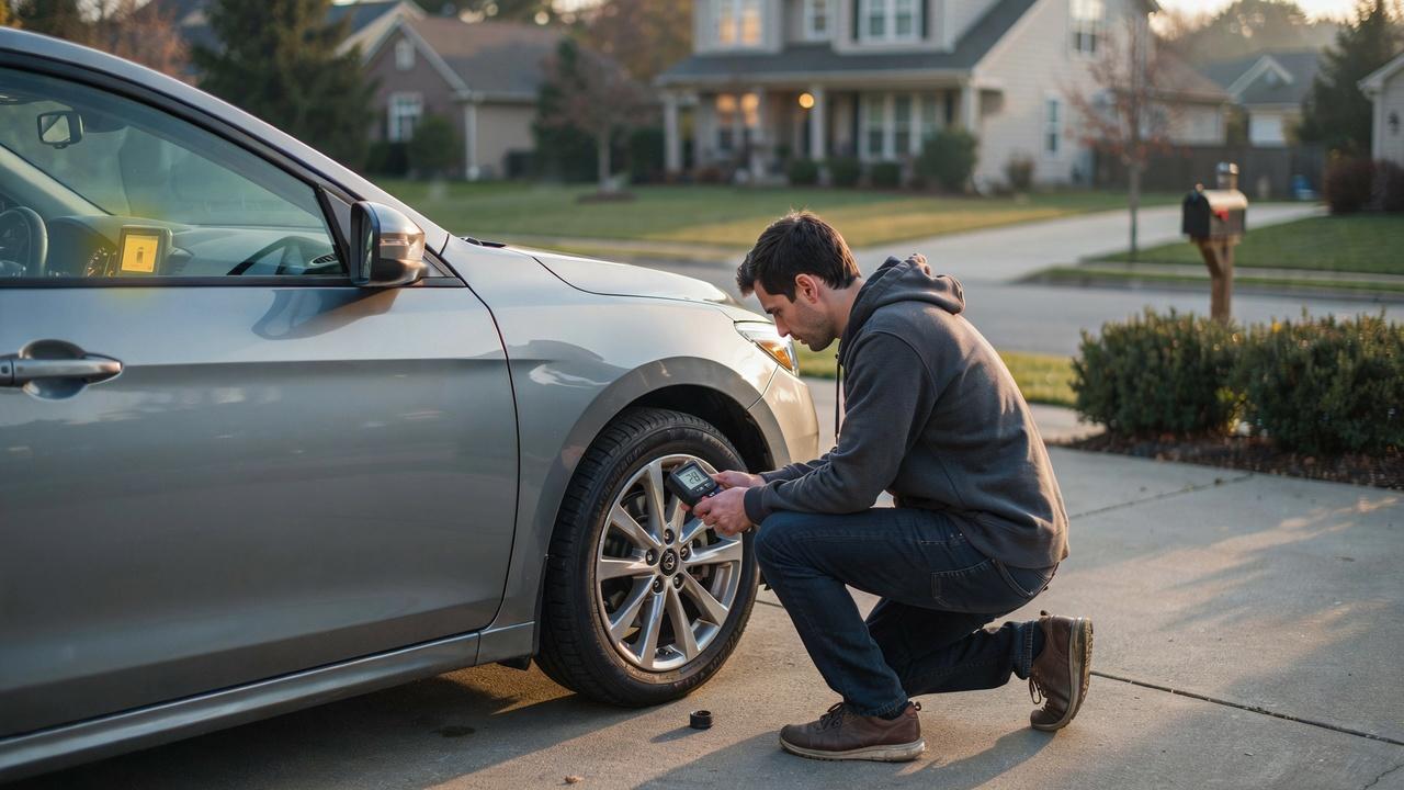 Driver checking tire pressure while the TPMS warning light remains on after filling the tires.