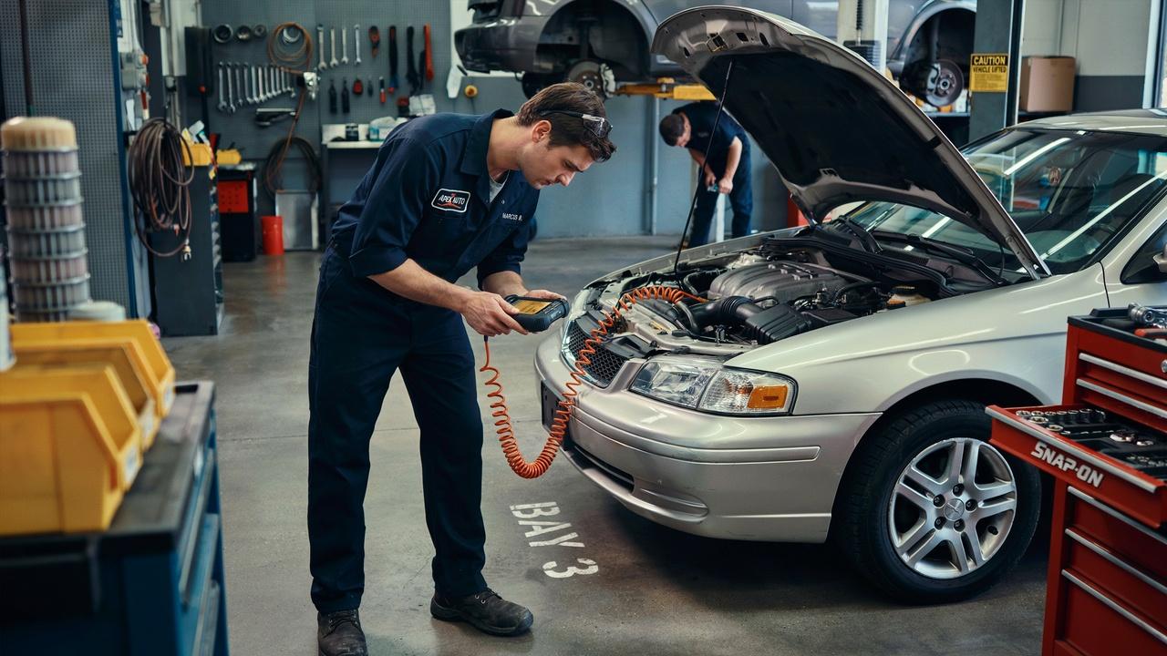Mechanic diagnosing a TPMS issue.