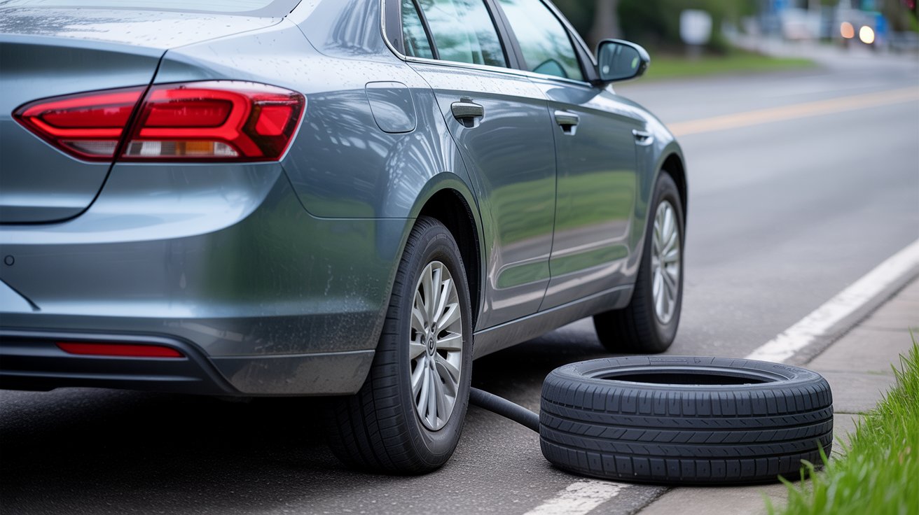 Underinflated tire that may be unsafe to drive on.