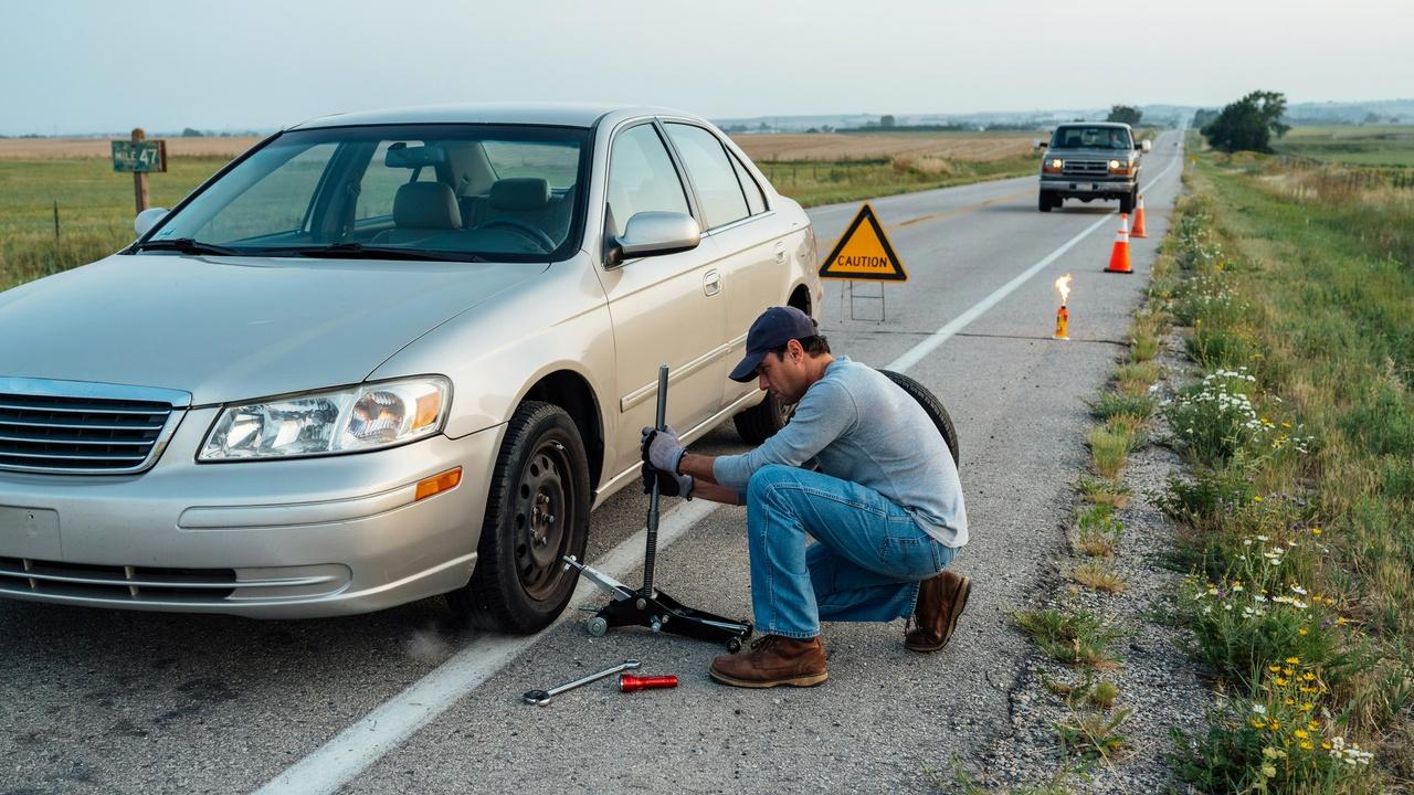 Lowering car carefully after installing spare tire.