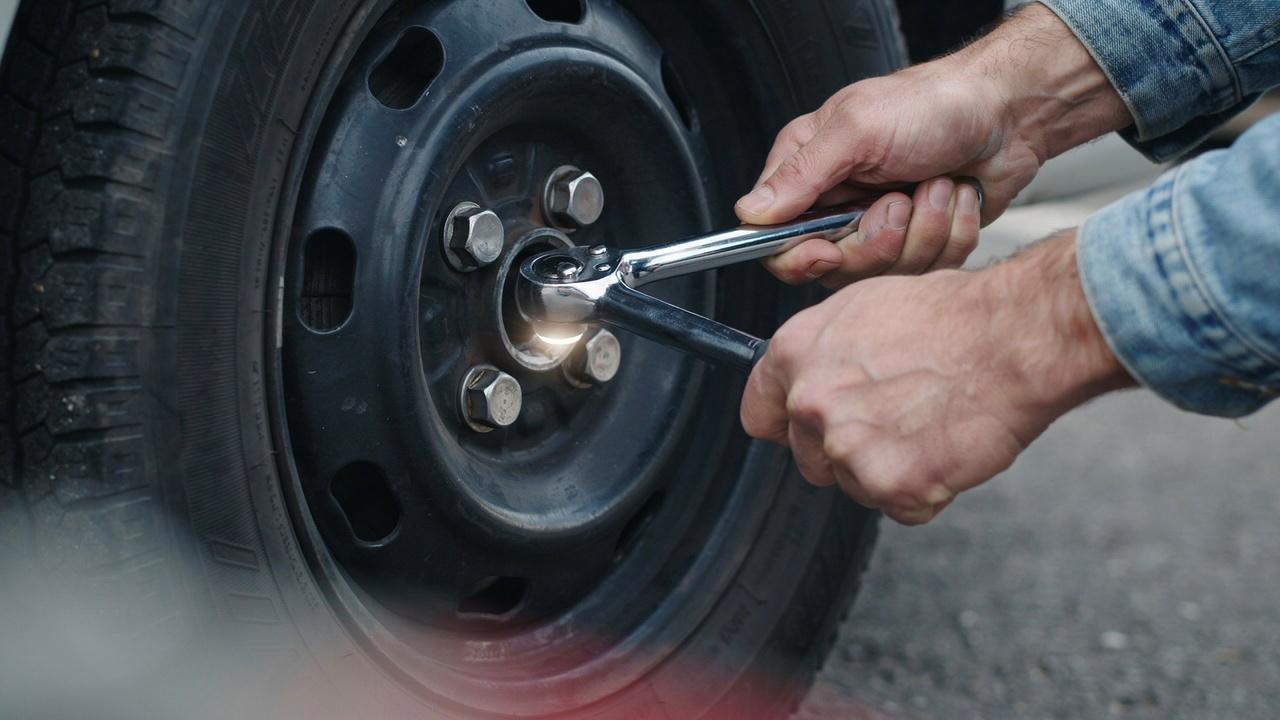 Hand-tightening lug nuts on spare tire.