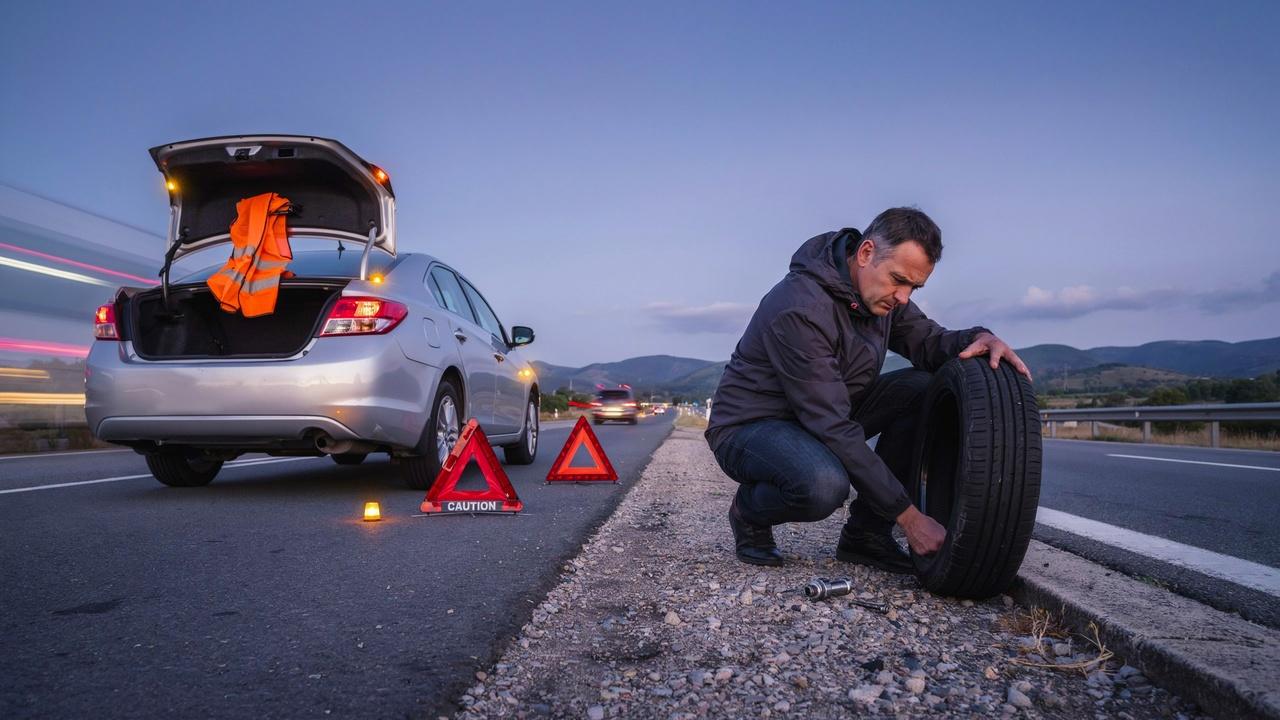 Driver inspecting a damaged spare tire after pulling over with hazard lights on.