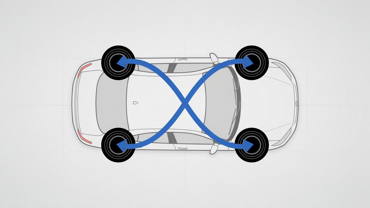 Rearward cross tire rotation pattern for rear-wheel-drive vehicles.