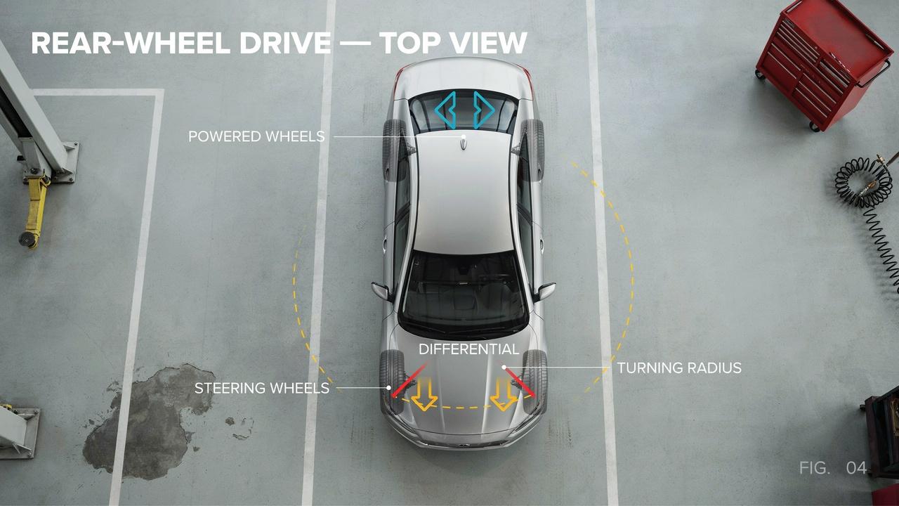 RWD tire rotation pattern showing rearward cross tire movement.