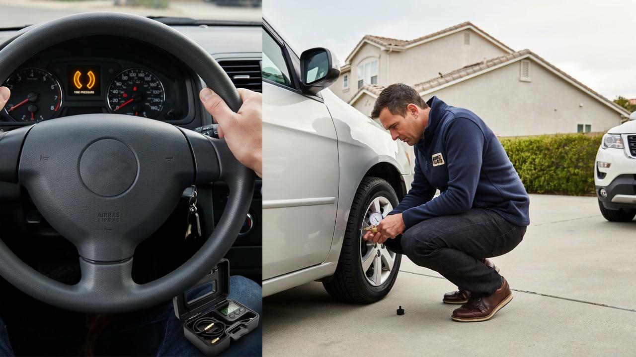 Solid tire pressure light on dashboard while driver checks tire pressure.