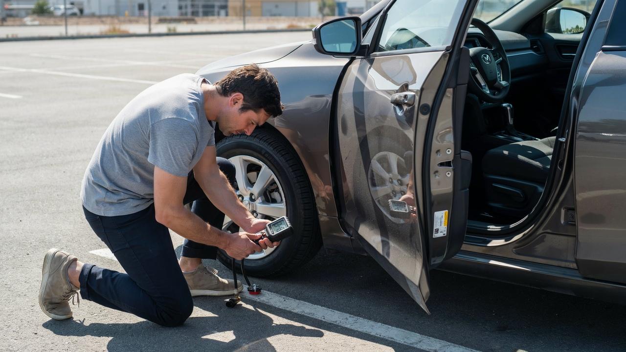 Checking tire pressure correctly using a digital gauge.