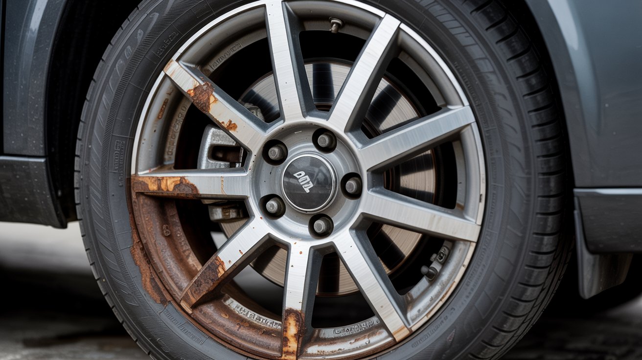 Corroded wheel rim that can cause a slow tire air leak.