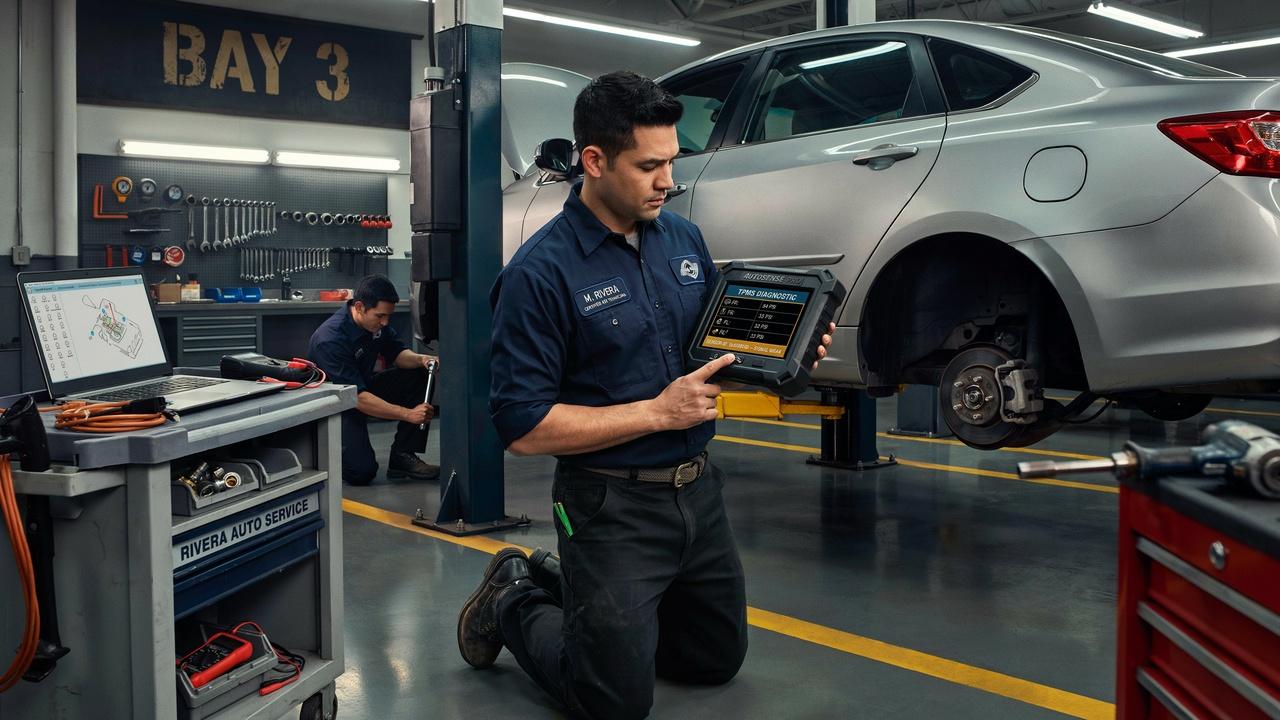 Professional mechanic diagnosing a tire pressure monitoring system problem.