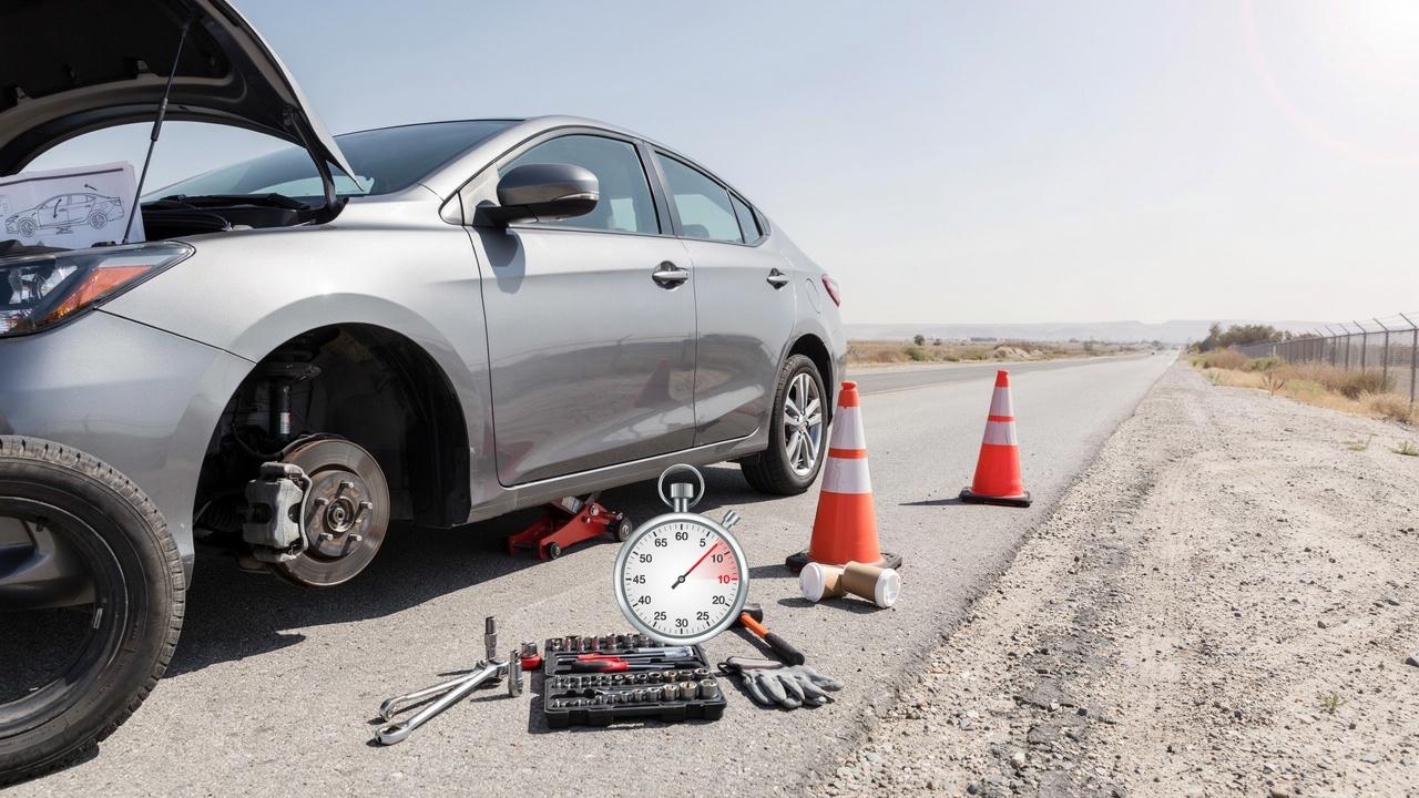 Driver changing a flat tire beside a car with tools and a stopwatch indicating the average tire change time.