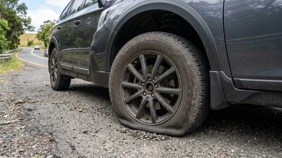 A close-up of a tire resting on the side of a parked car, showcasing its tread and sidewall details.