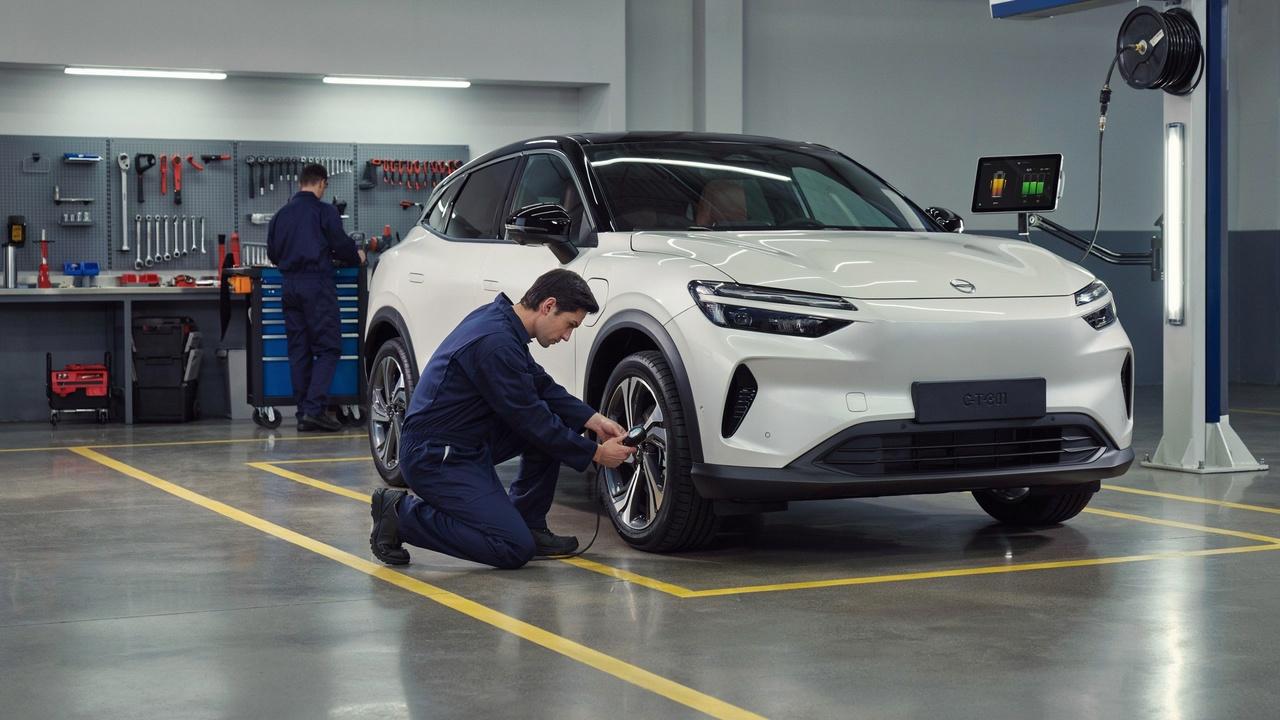 Electric vehicle undergoing tire inspection and rotation maintenance.