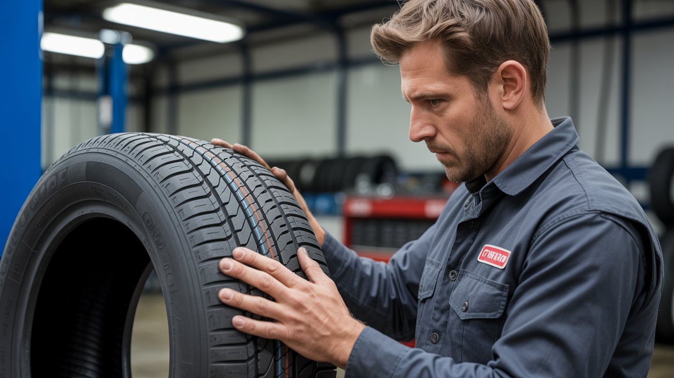 Tire technician inspecting sidewall cracks before recommending replacement.