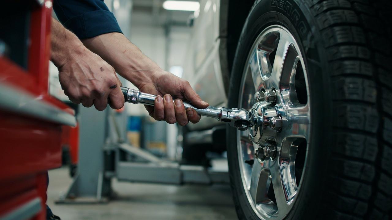 Torquing lug nuts to specification on a dually truck wheel.