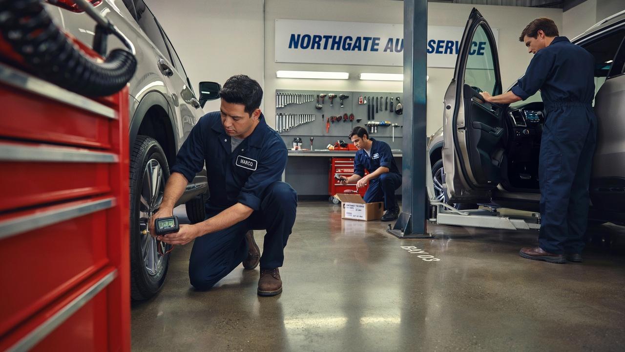 Mechanic fixing a blinking tire pressure light problem.
