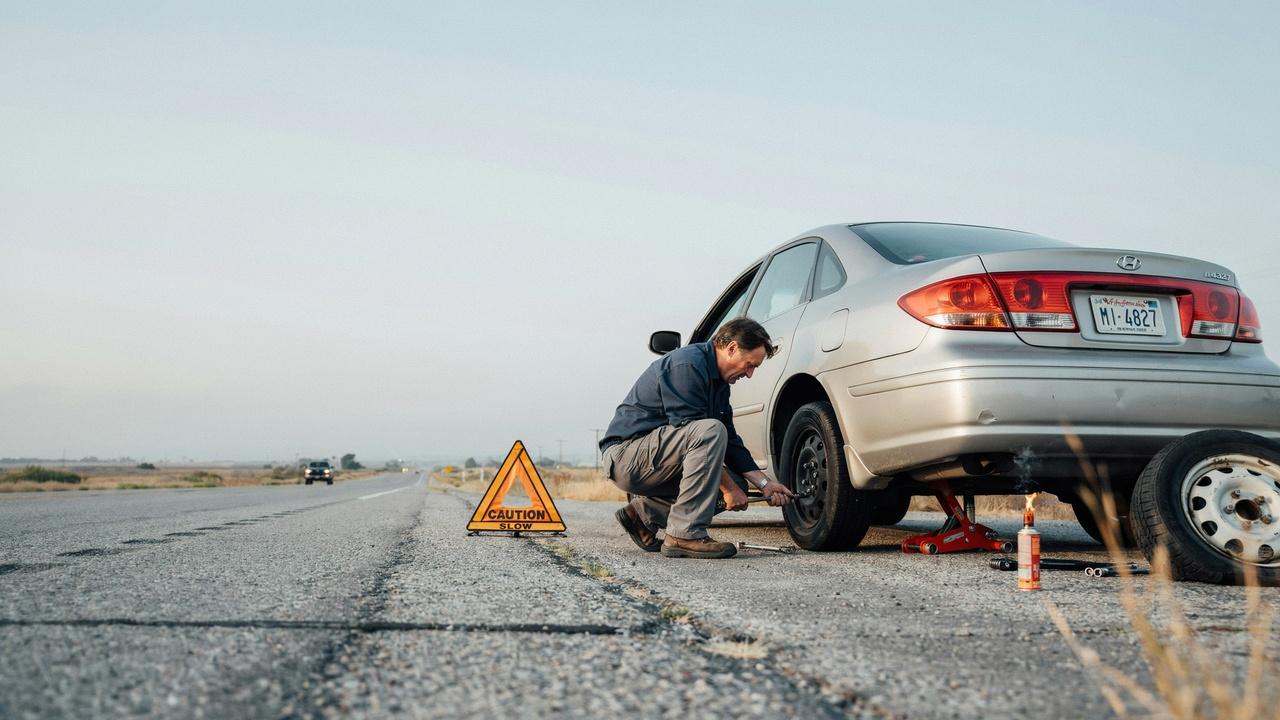 Car raised using jack until tire is off ground.