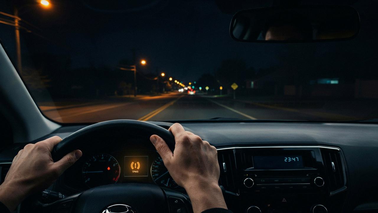 Blinking tire pressure warning light illuminated on a car dashboard.