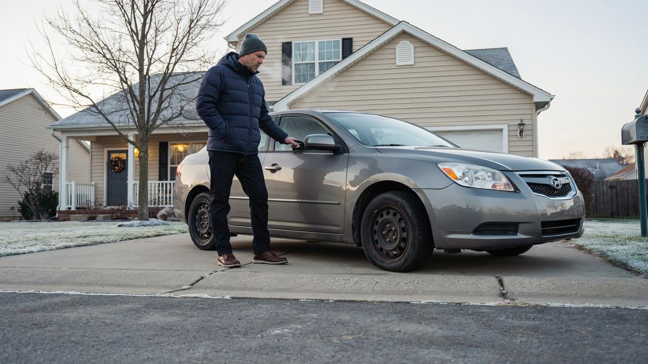Car owner checking a tire that appears low on air overnight.