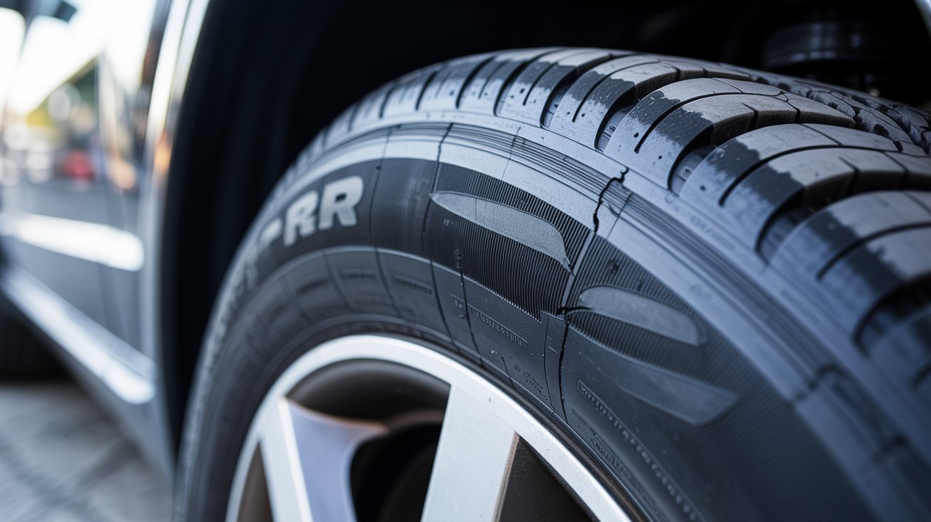 Cracked tire sidewall showing signs of aging and damage.