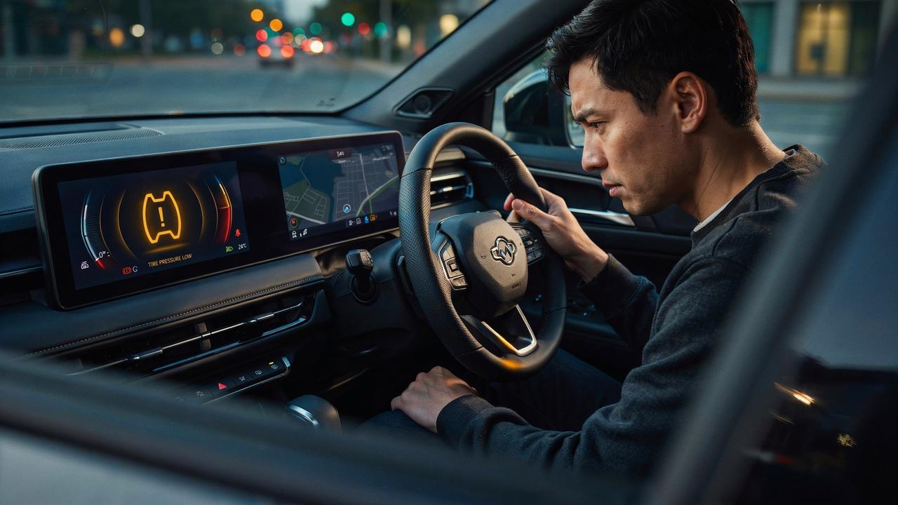 Driver viewing a tire monitor system warning light on a vehicle dashboard.