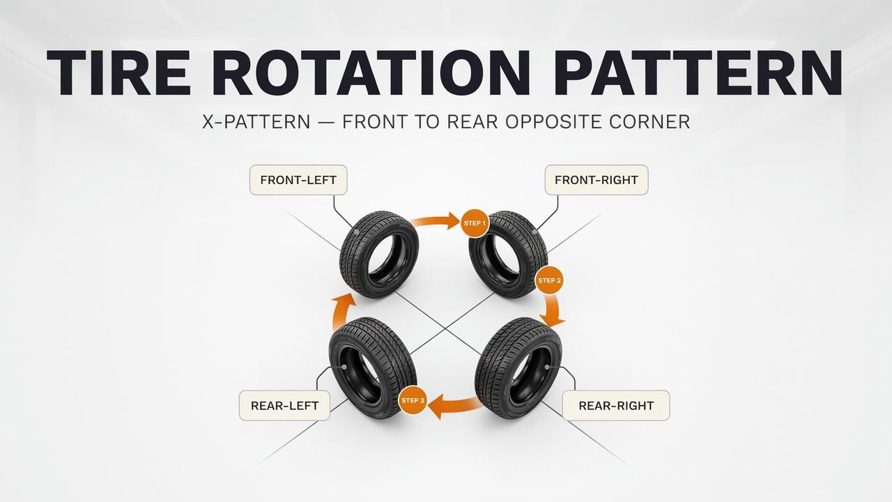 Diagram showing how tires move in a rotation pattern to explain tire rotation concept.