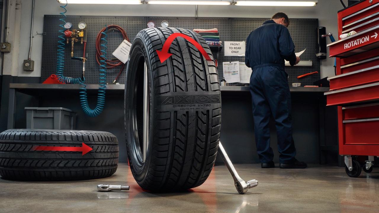 Directional tire rotation diagram showing same-side tire movement.