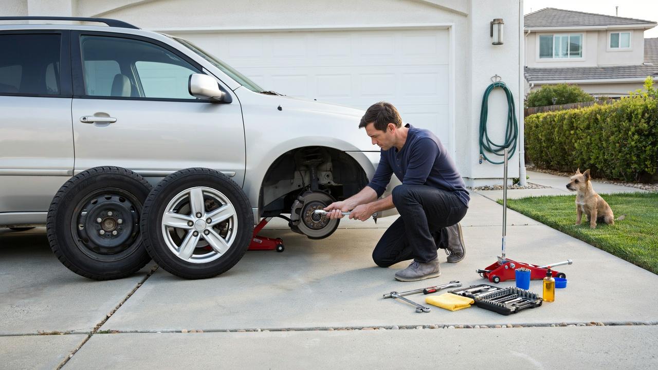 Changing a car tire safely in a home driveway.