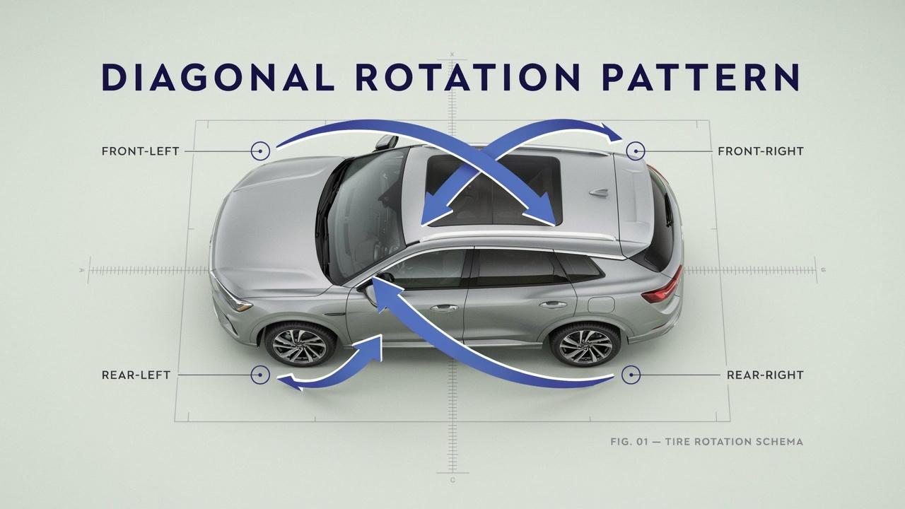 AWD tire rotation pattern showing diagonal X rotation.