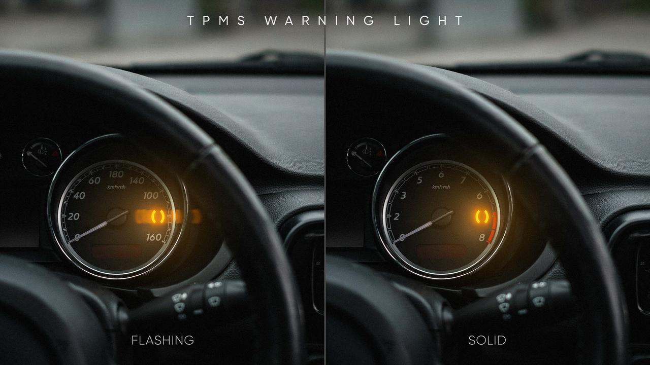 Comparison of flashing and solid tire monitor system warning lights.