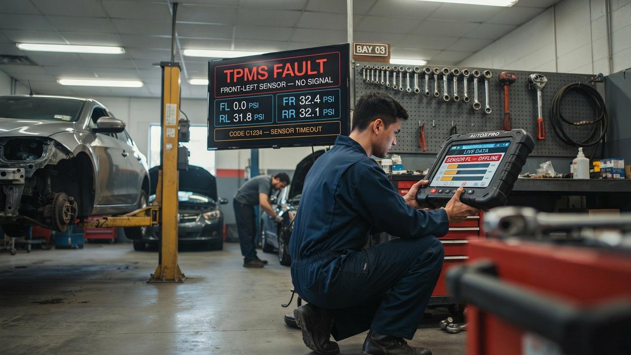 Diagnosing a TPMS tire sensor fault warning.