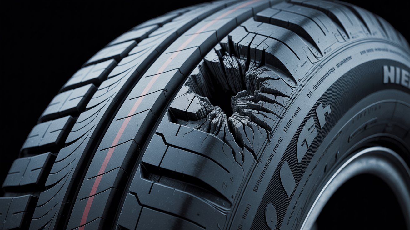 Severe tire sidewall cracks exposing internal tire materials and requiring immediate replacement.