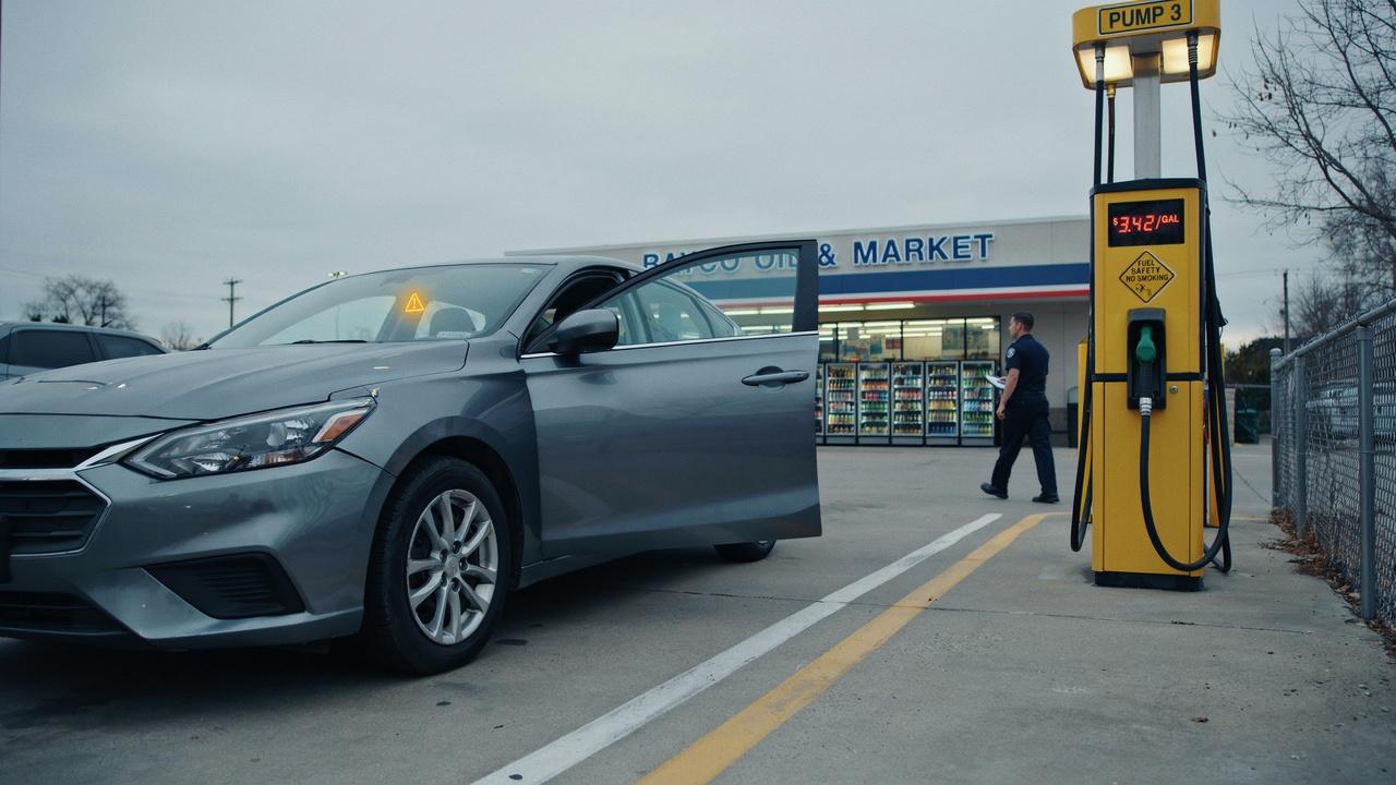Car with low tire pressure warning at a gas station.