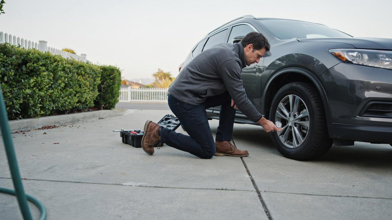 Driver checking tire tread depth with a penny and tread gauge on an SUV tire.
